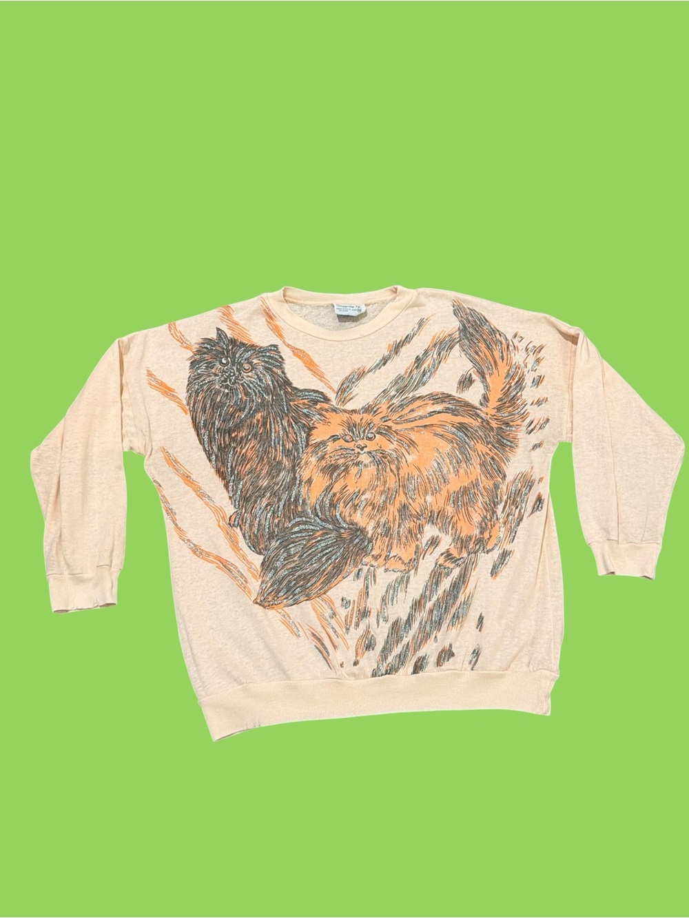 Vintage Glittery Weird Cat Sweatshirt 80s Thin Size Medium Distressed